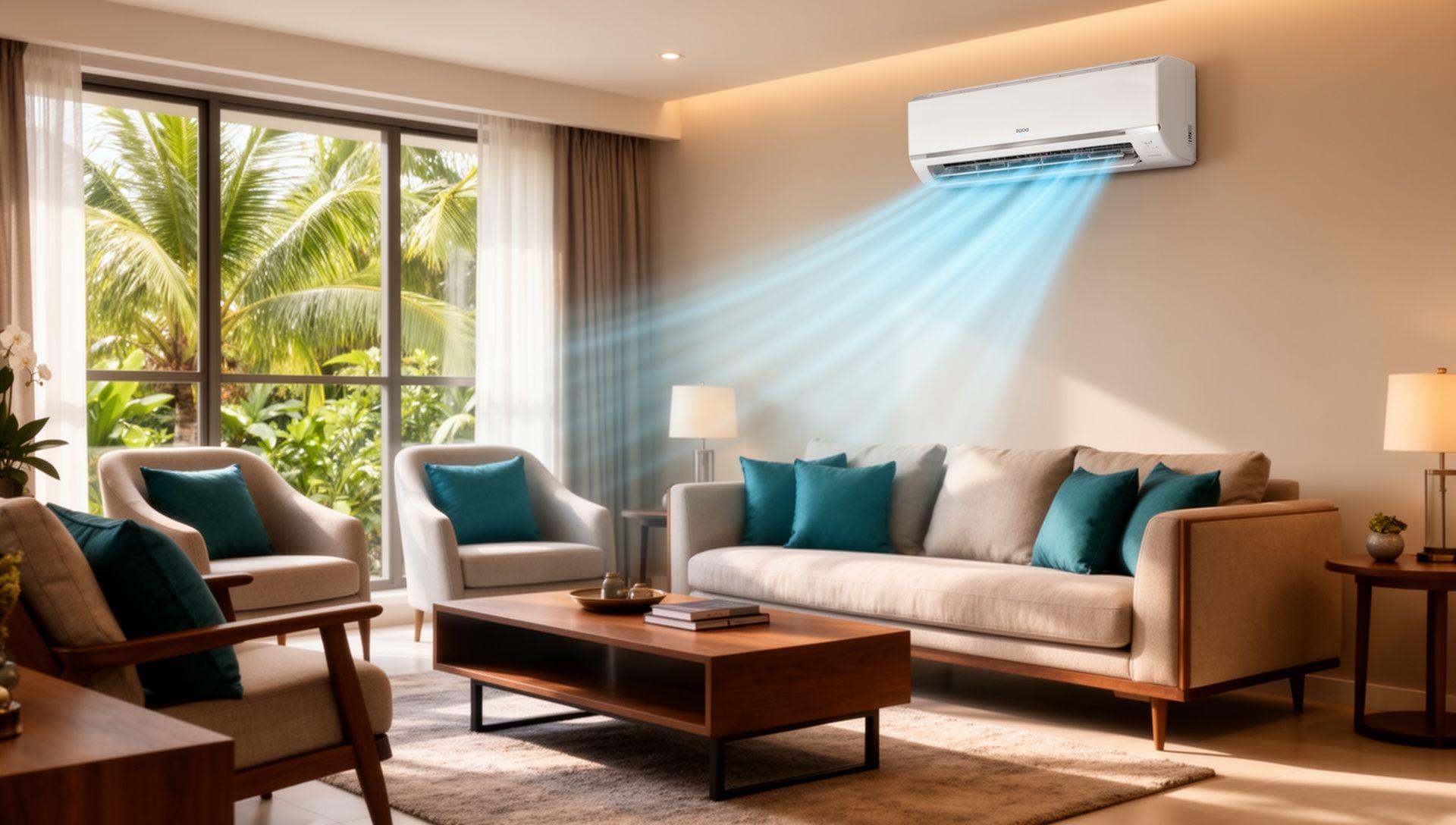 Cool modern Malaysian living room with a wall-mounted air conditioner