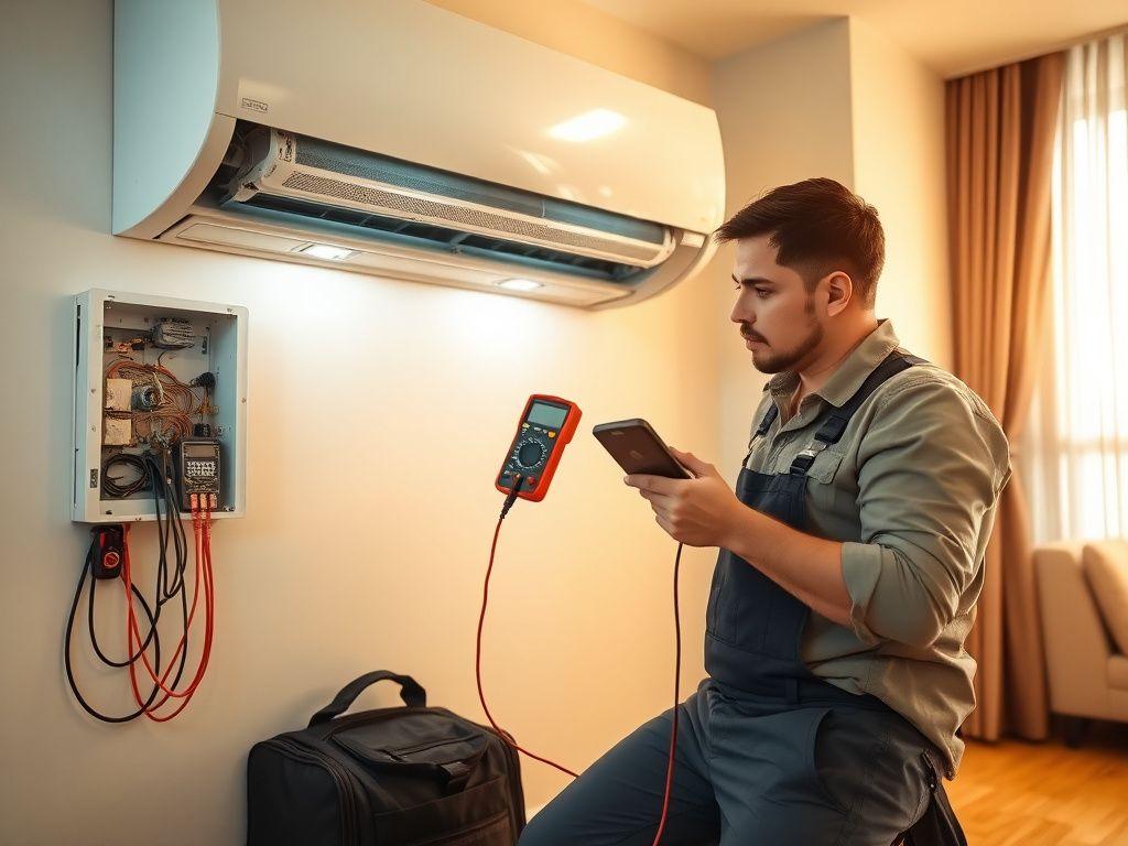 Repairman testing an air conditioner circuit board with a multimeter