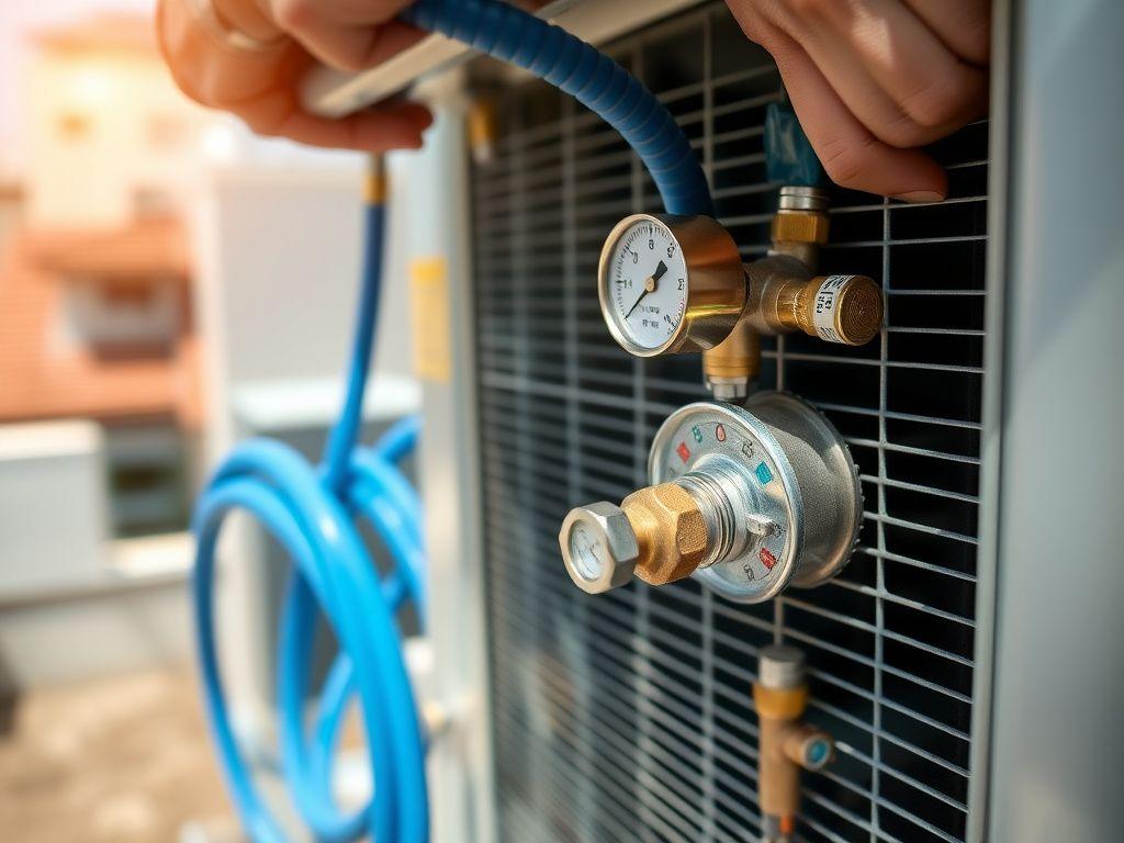 Refrigerant pressure gauges connected to a condenser unit