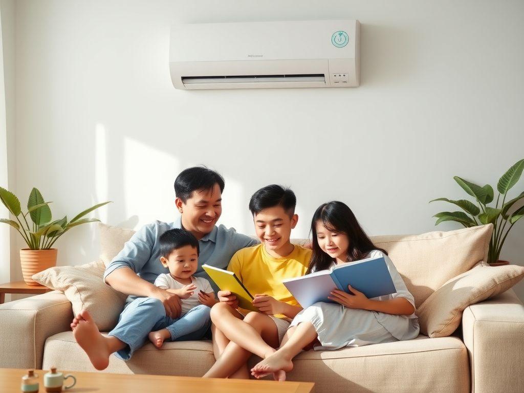Family relaxing in a cool living room under a serviced air conditioner