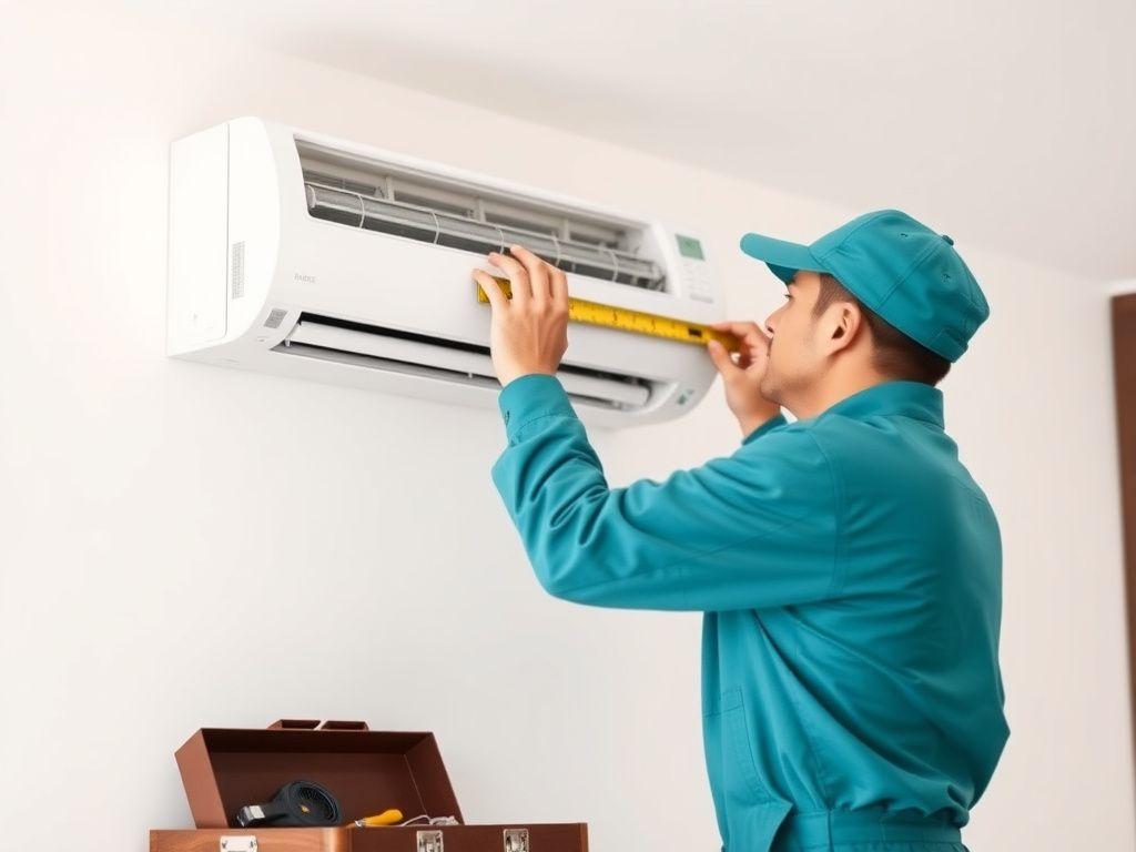 Technician mounting a split air conditioner indoor unit